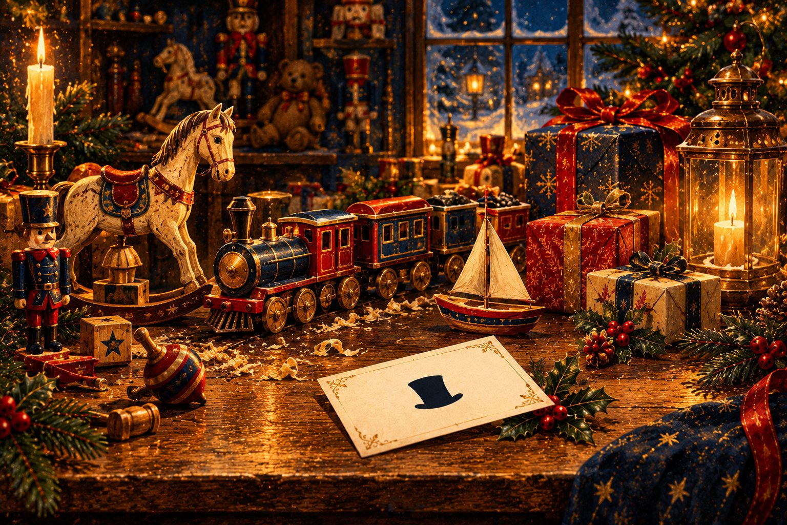 Atelier de Noël enchanté : jouets anciens, cadeaux et carte au chapeau haut-de-forme d'Arsène Lupin