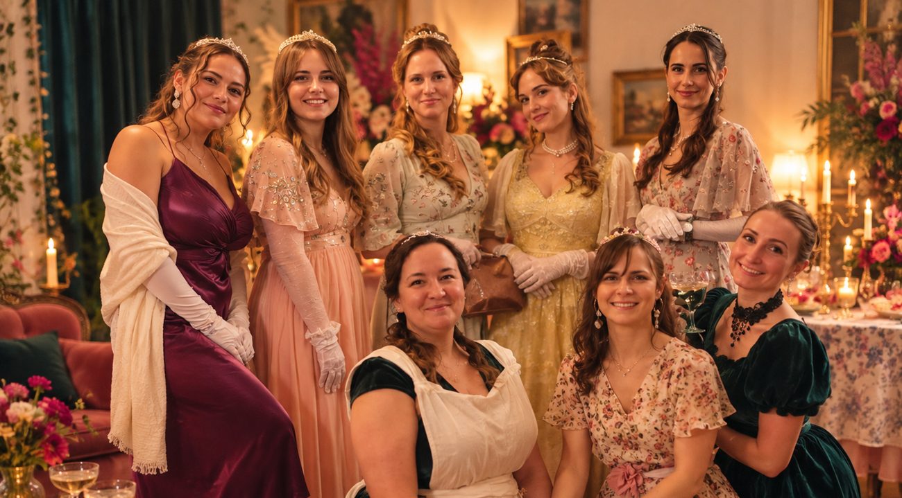 Sept amies en robes d'époque et diadèmes dans un salon aux chandelles