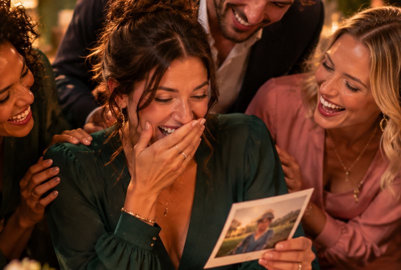 Une invitée rit en découvrant une photo souvenir, entourée de ses amis