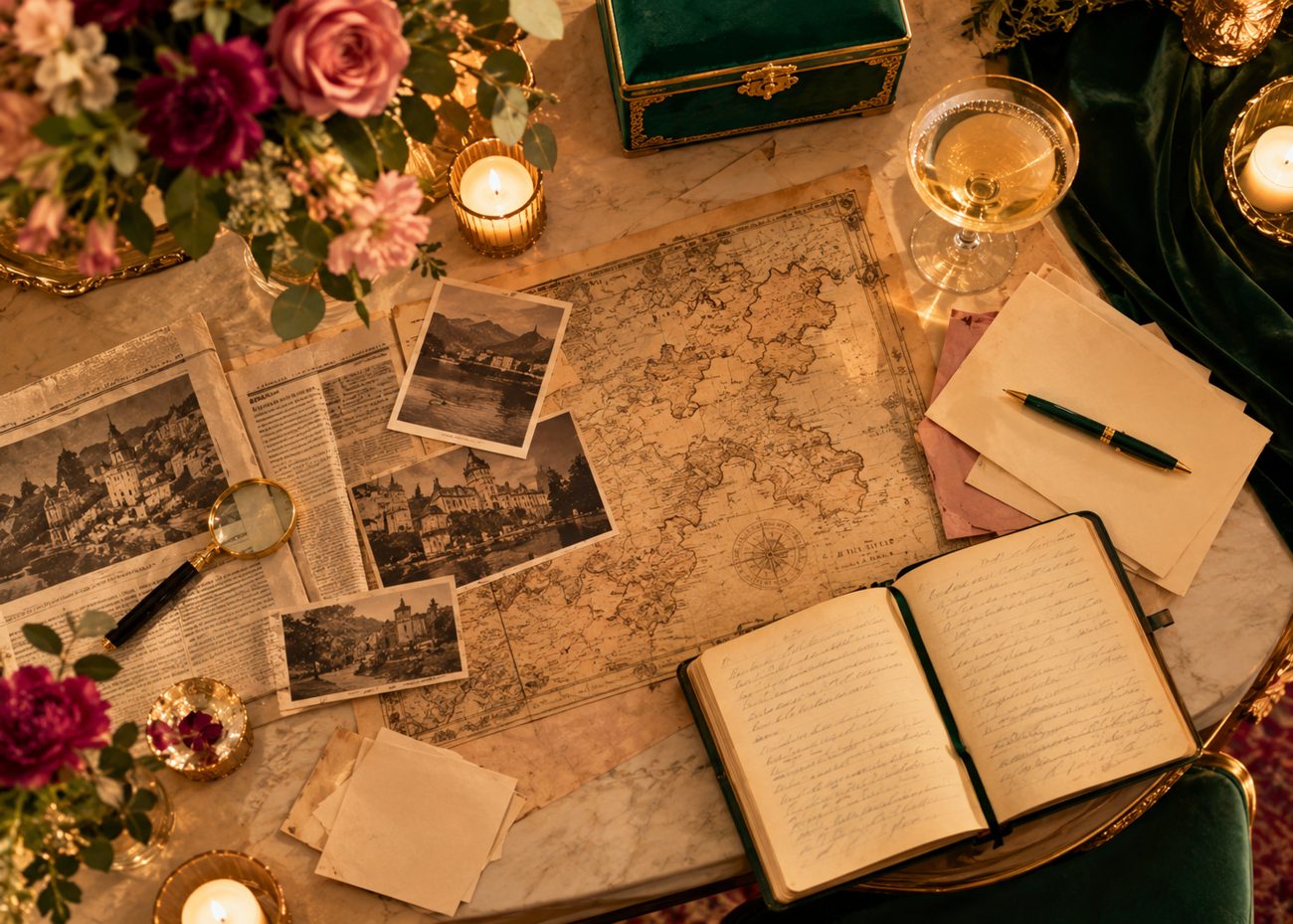 Indices d'enquête sur une table : carte ancienne, photos, loupe et carnet