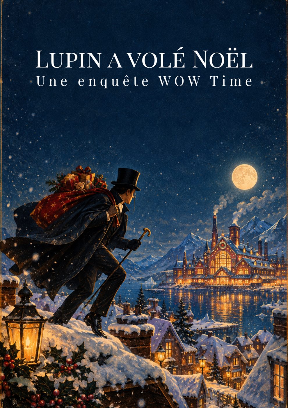 Affiche Lupin a volé Noël : Arsène Lupin sur les toits enneigés, un sac de cadeaux sur l'épaule