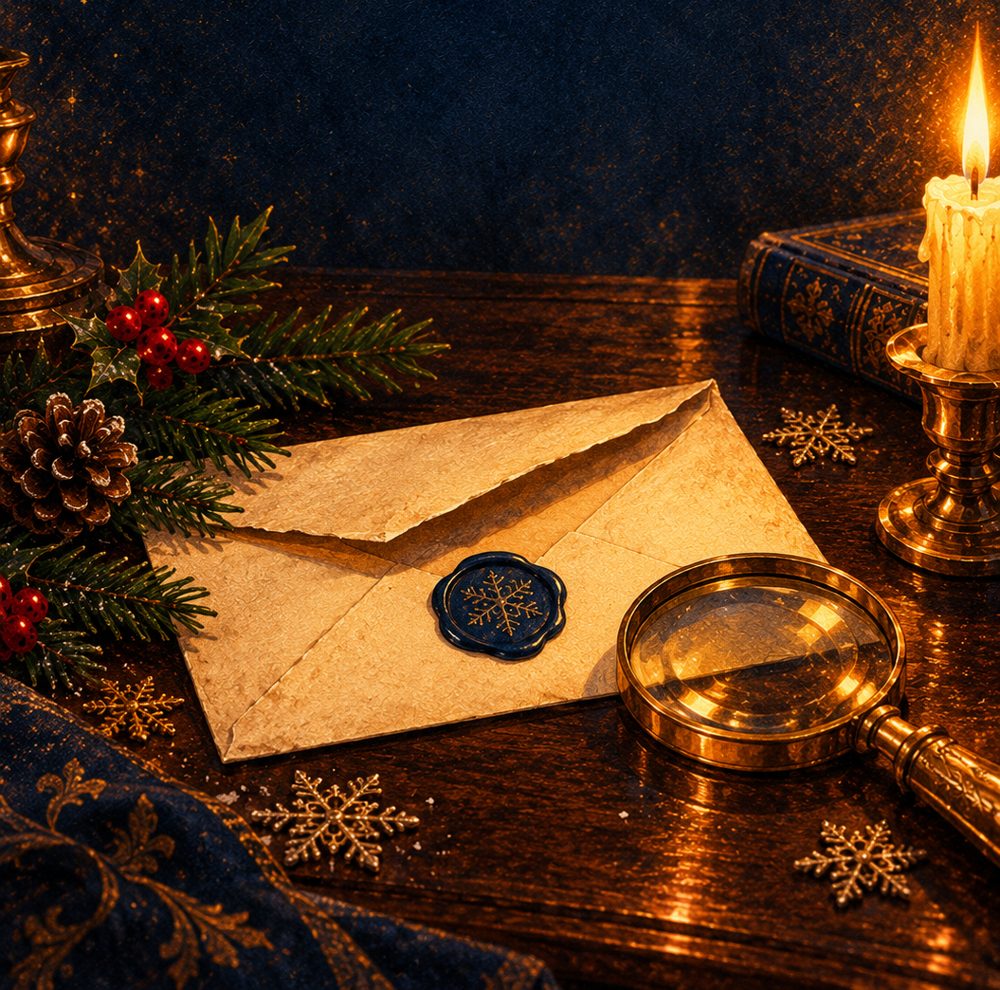 Invitation à l'enquête : enveloppe scellée et loupe à la lueur d'une bougie