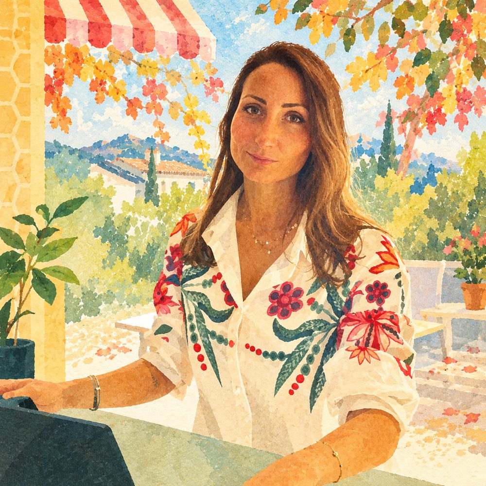 Portrait aquarelle de Marine à la terrasse d'un café ensoleillé