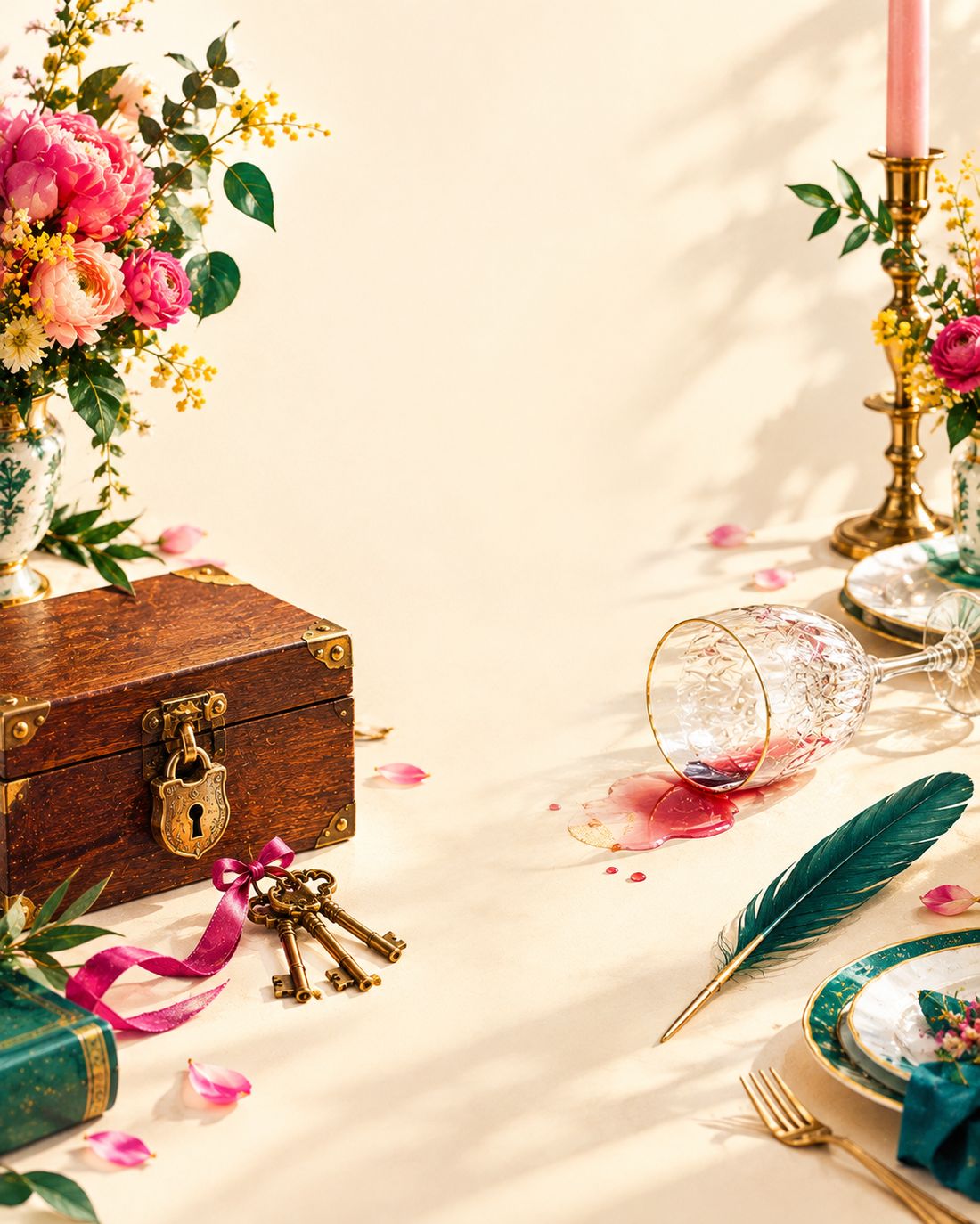 Coffret, clés anciennes, verre de vin renversé et fleurs sur une nappe crème