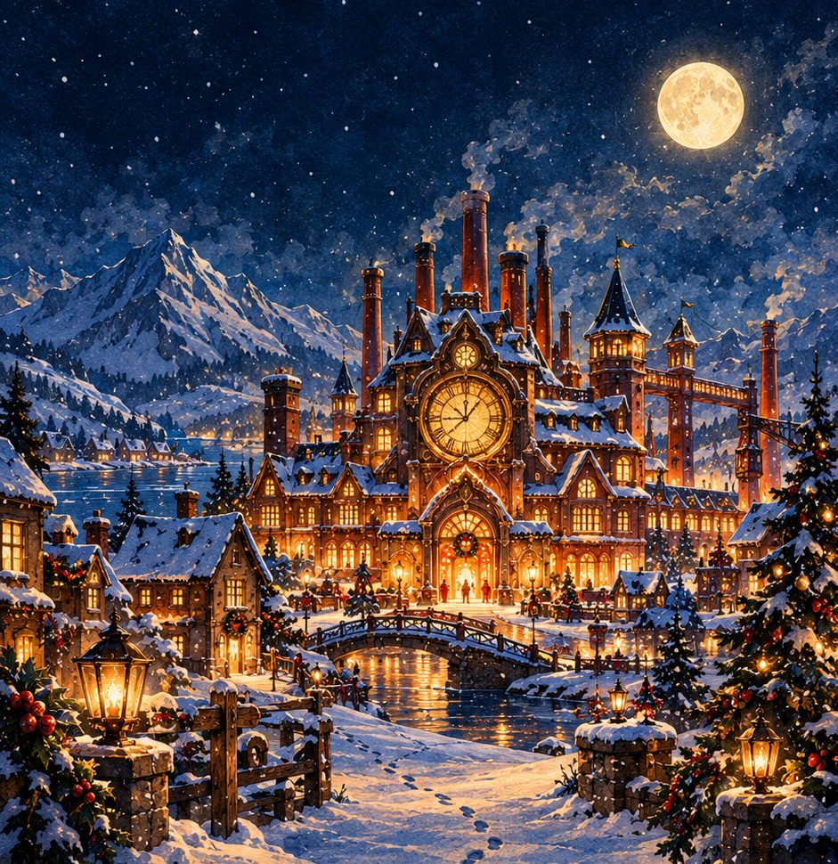 Village enchanté sous la pleine lune, univers de Lupin a volé Noël